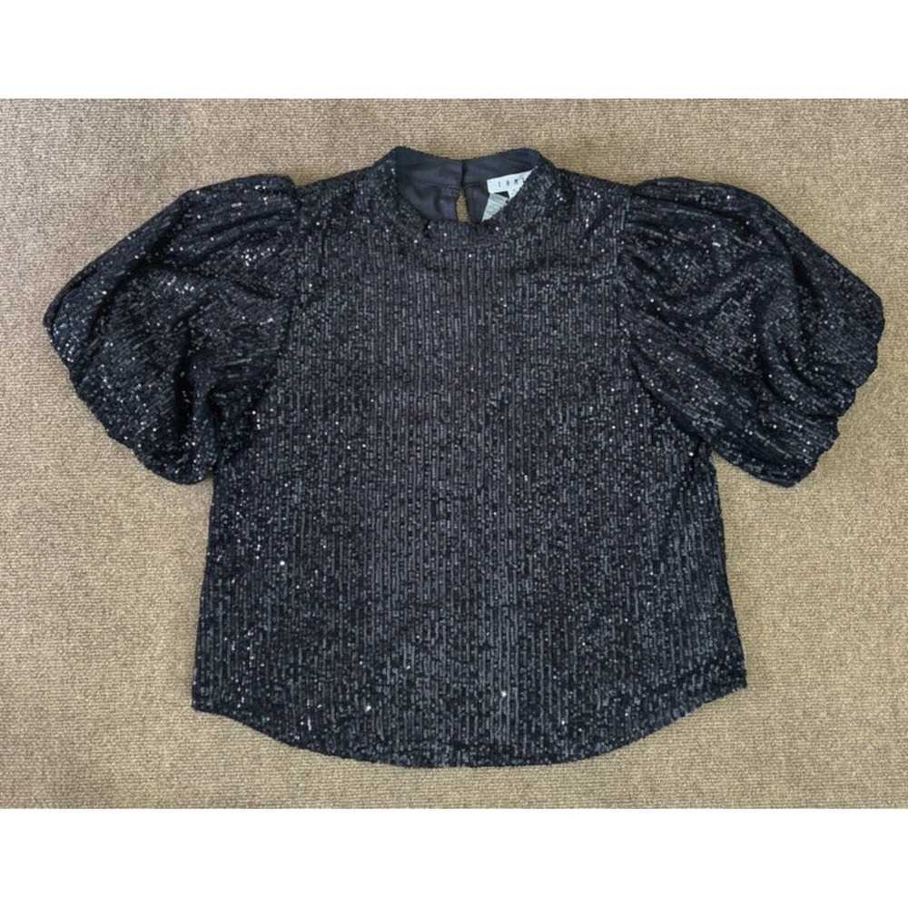 THML Women's Black Sequin Bubble Puff Sleeve Blouse Keyhole Closure Top XL NEW